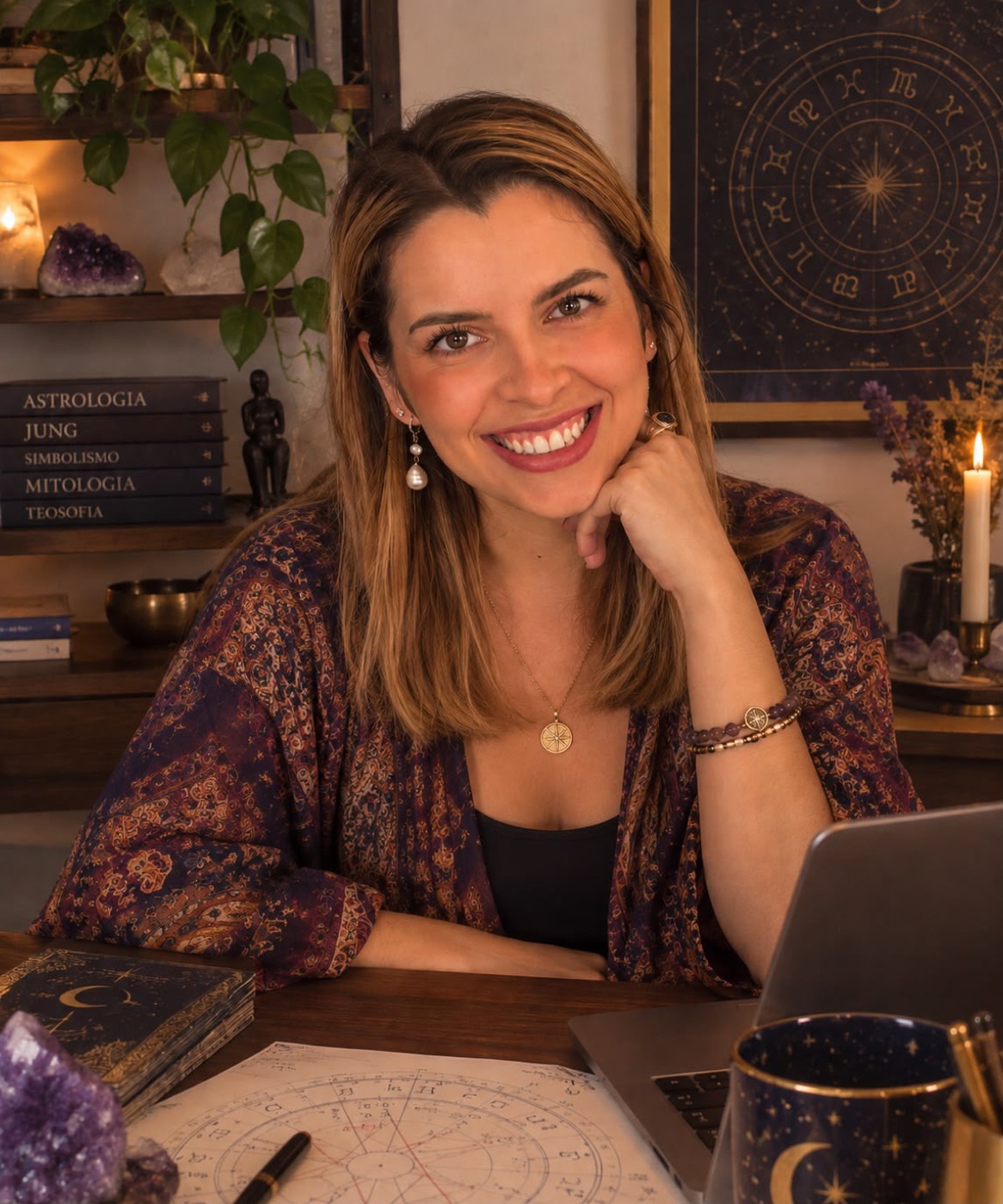 Julia Abreu em seu escritório, com livros de astrologia e Jung ao fundo